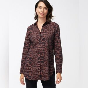 Chico’s Leopard Print No Iron Tunic Style Button-Up Blouse Shirt